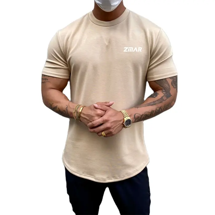 Cotton Elastane Slim Fit Drop Cut Men Gym T-shirts Muscle Fitness Scoop Bottom Tee