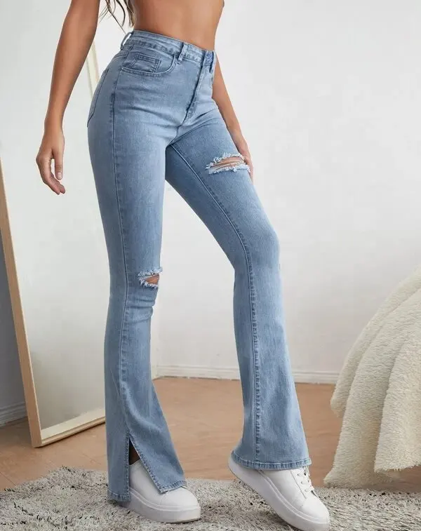 Fashion Women's Clothing High Waist Ripped Flare Leg Jeans Ladies Custom New Denim Casual Pants