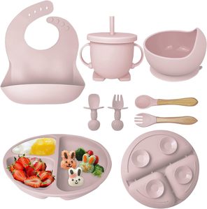 Bé ăn thiết lập OEM bán hàng trực tiếp Kid Phong cách thiết kế Silicone BIB Bát tấm với rơm đào tạo cup muỗng nĩa dao kéo cho trẻ mới biết đi - Product Image 3