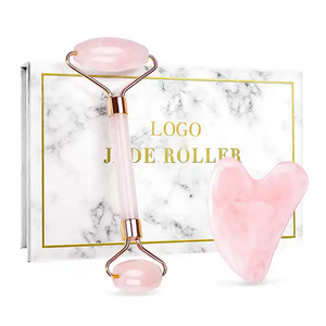 Ensemble de rouleaux de jade en quartz rose naturel et de masseur facial Gua Sha avec outil de pierre Visibilité améliorée du moteur de recherche - Product Image 1