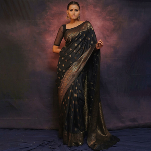 Sari de Seda de Lujo para Mujer, Traje Tradicional Indio para Bodas, Sari de Diseñador Largo hasta el Suelo con Blusa, Sin Arrugas, Corte Regular - Product Image 4