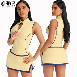 Abbigliamento Estivo per Donne, Set Sportivo Personalizzato Streetwear, <span class=keywords><strong>Giacca</strong></span> <span class=keywords><strong>Senza</strong></span> <span class=keywords><strong>Maniche</strong></span> con Zip a Contrasto e Minigonna, Completo Due Pezzi - Product Image 1