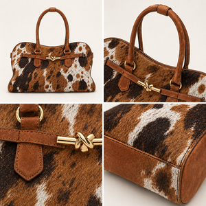 Bolso Boston de Piel Genuina con Pelo de Becerro, Estampado de Vaca, Asa Superior, Bolso de Hombro Estilo Western con Cierre Giratorio, Bolso Casual para Mujer - Product Image 4