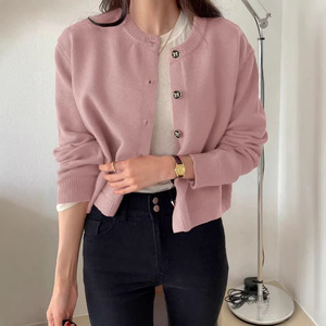 Light Blue Knitted <b>Cardigan</b> One Size Round Neck Solid Color Soft Sweater For Women Spring Autumn Wear - Product Image 3