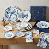 Service d'assiettes de luxe en porcelaine fine, motif élégant, céramique, vintage, motif oiseau bleu, bord doré, vaisselle de table pour boutique et détaillants