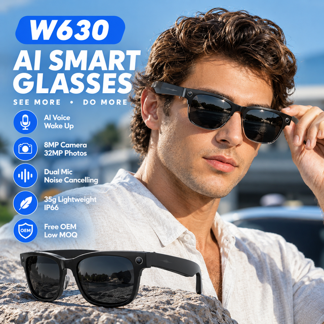2026 New W630 8MP Camera WiFi Transfer Custom Lens 290Mah Battery AI Voice Wake up IP66 Waterproof Smart Glasses for Business