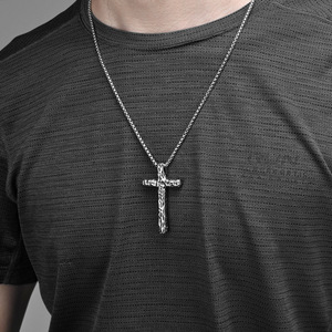 yunnique style retro distressed embossed hammered <b>titanium</b> steel cross necklace, niche trend street hip-hop pendant - Product Image 3