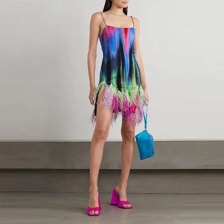 अद्वितीय डिजाइन स्लिम फिट पोशाक महिलाओं पंख और क्रिस्टल अलंकृत मुद्रित जर्सी मिनी पोशाक