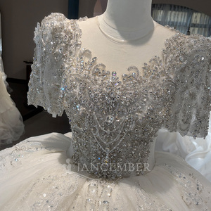 Wx392 Ivory Tulle <b>Wedding</b> Dress V Neck Puff Sleeve Beaded Sequin Ball Gown Multi Layer Long Train Jancember - Product Image 3