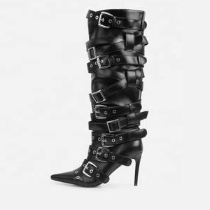 Yeni tasarım deri <span class=keywords><strong>Strappy</strong></span> toka kadın Stiletto diz yüksek çizmeler - Product Image 1