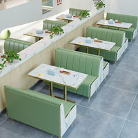 Canapé de restaurant moderne de luxe léger en PU vert personnalisé avec pieds dorés et chaises, table à manger en mélamine pour café fast-food, 2/4 places