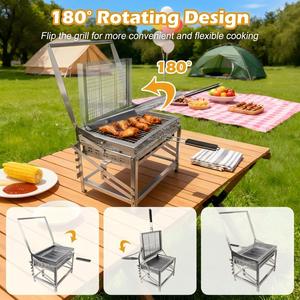 Barbecue au charbon <span class=keywords><strong>de</strong></span> bois portable, fumoir, gril <span class=keywords><strong>de</strong></span> camping pliable, design rotatif, hauteur réglable, barbecue <span class=keywords><strong>de</strong></span> pique-nique en plein air - Product Image 3
