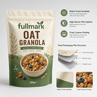 Emballage personnalisé en sachet stand-up pour granola d'avoine aux fruits rouges et miel, avec impression