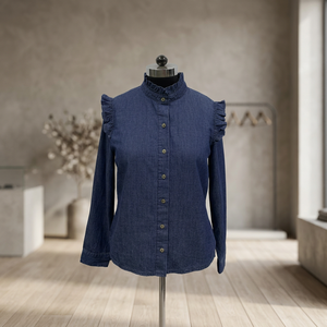 Chemise en jean pour femme à manches longues et volants, couleur unie, style décontracté, collection automne - Product Image 3