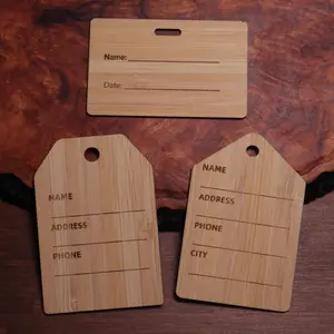 Etiqueta de bagagem de madeira com corte a laser gravada, identificação de nome, etiqueta de bambu em branco para impressão personalizada