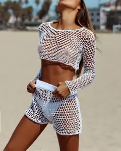 2023 nuevo traje de baño cubierta de Sexy Bikini Crochet manga larga Top y pantalones cortos 2 piezas de Playa de las mujeres de punto hueco trajes