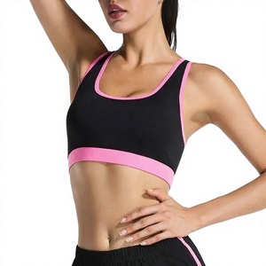Women Black Pink Trim Sports Bra Scoop Neck Racerback Medium Support Yoga Workout Breathable <b>Top</b> Fitness Sports Bra - Product Image 3