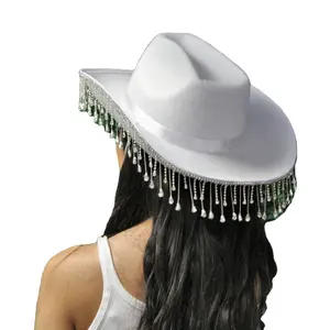 Cappello fedora da cowboy in stile occidentale con frange a tesa larga da donna con strass per le donne per il Festival di musica per feste da donna