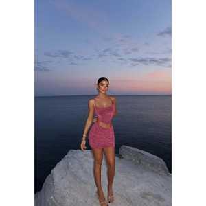 Nessa Lady's Casual <b>Pink</b> <b>Glitter</b> 2-Piece Set XL Size Knitting Fabric Cropped <b>Top</b> Short Length Trousers with Loose-Fitting Skirt - Product Image 6