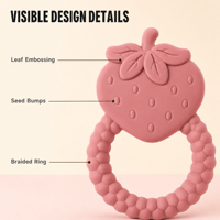 Anneau de dentition personnalisé en silicone pour bébé, motif fraise, avec surface texturée en silicone de qualité alimentaire et design tressé facile à saisir