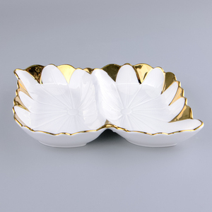 Piring Keramik Putih Porselen 2 Sekat untuk Sajian Camilan/Dessert dengan Motif Tanaman, Langsung dari Pabrik - Product Image 1