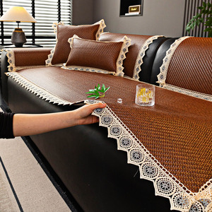 Coussins de canapé d'été en soie glacée, tapis en rotin frais antidérapant, type housse, bord en osier marron, matériau PE - Product Image 3