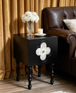 Black Clover Shell Inlay Side <b>Table</b> Modern Living Room <b>End</b> <b>Table</b> with Turned Wood Legs - Product Image 1