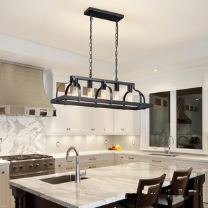 Lampadario a sospensione vintage in stile industriale, 5 luci, in metallo, con finitura effetto legno, lineare, in ferro nero - Product Image 1