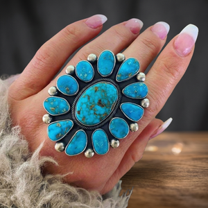 Anillos Clásicos con Diseño Floral en Engaste de Bisel, Plata de Ley 925 Sólida de Primera Calidad, Gema de Turquesa Natural en Forma de Flor - Product Image 3