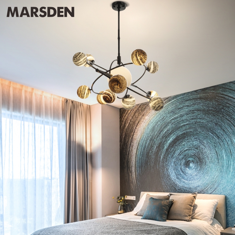 Современное украшение для гостиной, детской комнаты, спальни, стеклянная люстра с янтарным шаром, черной звездой, планетой, светодиодные подвесные светильники