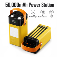Nouvelle arrivée, batterie externe de grande capacité 50000 mAh avec câbles amovibles, charge rapide PD 22,5 W, lumière LED pour le camping en plein air, la randonnée