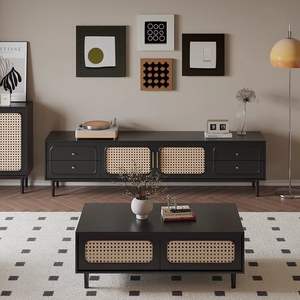Mueble de TV y mesa de centro de ratán estilo retro francés para sala de estar, estilo Wabi Sabi, negro, con almacenamiento. - Product Image 2