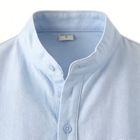 Chemise Polo Homme à Col Mandarin, Manches Courtes, Demi-Boutonnage, Style Henley, avec Poche, Coupe Ample, Manches Roulées, Décontractée, Tissée, pour l'Été