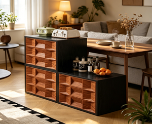 Armoire de rangement en bois moderne avec cadre noir, design modulaire pour le mobilier de salon - Product Image 2