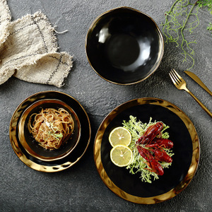 Luxury Black Ceramic Gold Plated <b>Large</b> Salad <b>Bowl</b> Exquisite Tableware - Product Image 5