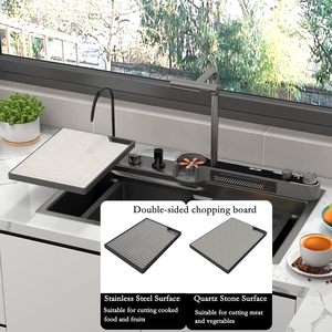 Évier de cuisine rectangulaire en acier inoxydable 304 <span class=keywords><strong>noir</strong></span>, à encastrer, fait main, intelligent, multifonction, avec cascade, pour usage domestique - Product Image 4