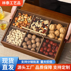 Caja rectangular de madera maciza para refrigerios con compartimentos y tapa de vidrio para almacenamiento en escritorio, organizador de frutas secas, nueces y dulces - Product Image 3