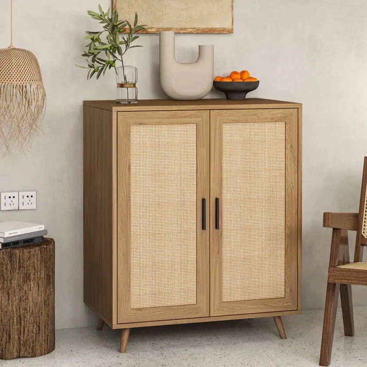 classic oak color buffet cabinet and rattan design doors combined retro and modern 27'' Sideboard