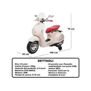 Scooter électrique Vespa pour enfants 12V blanc, 3-6 ans, jouet à piles - Product Image 3