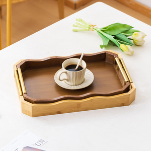 Plateau en bambou Rain County en forme de vague avec poignée en métal, plateau de service pour thé, café, usage hôtelier - Product Image 1