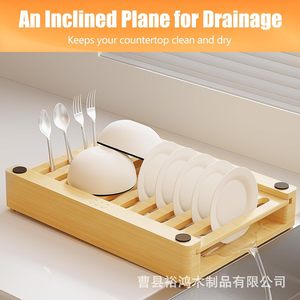 Wooden Cutting Board With Tray Folding L Size Natural Wood Color Kitchen Sink Drainer <b>Dish</b> <b>Rack</b> Cutlery Tray - Product Image 3