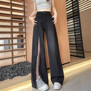 Pantalones Anchos de Encaje con Diamantes Brillantes Negros para Mujer, Diseño Sexy con Abertura, Jeans Finos para el Verano 2026 - Product Image 5
