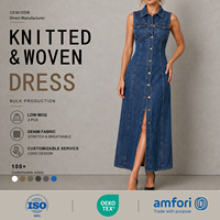 Robe longue en jean délavé personnalisée pour femme, style western, sans manches, col chemise, boutons bronze, poches à rabat, coutures princesse, fente évasée