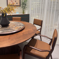 Ensemble de table à manger ronde en bois massif, plateau pivotant en noyer noir avec 6 chaises en cuir, style chinois moderne pour cuisine et salon