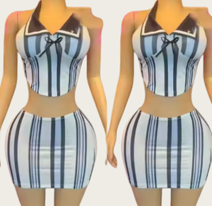 ชุดเซ็ต 2 ชิ้น Viviblook Z401ST02 ลายพิมพ์ดิจิทัลแบบใหม่ เสื้อสายเดี่ยวคอ halter กระโปรงมินิสเกิร์ตลายทาง สไตล์ Y2k - Product Image 1