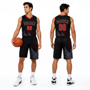 Ensemble de maillot et short de basketball réversible, double face, en polyester anti-humidité, personnalisable avec nom et numéro d'équipe, pour l'entraînement - Product Image 1