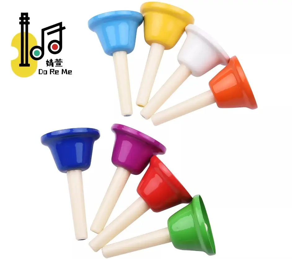 8 notas Colorido singapore metal instrumentos de percussão mão sino com 8pcs set brinquedo para crianças escola igreja handbells casamento