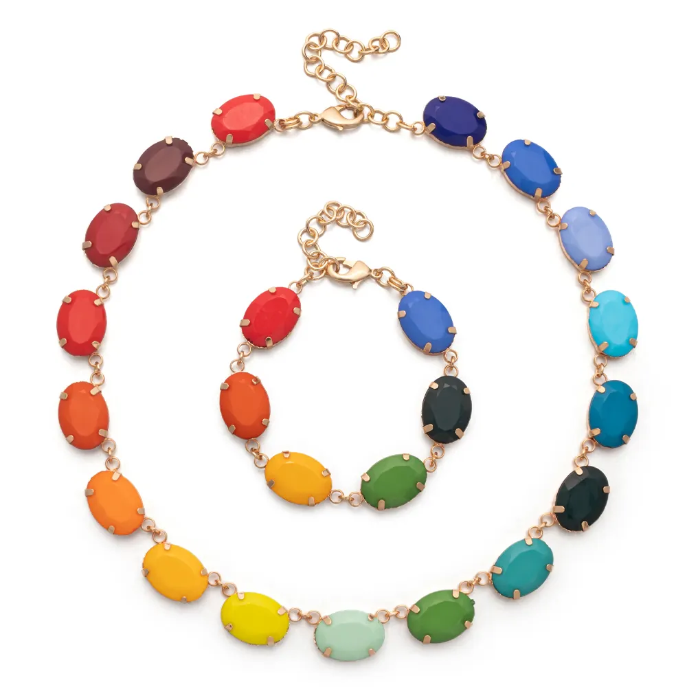 Cenda New Style Jewelry Gold Shiny Link Chain Lovely Acrylic Charm Necklace Bracelet Set for Hot Girls