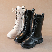 Bottes d'hiver en cuir pour fille, chaussures décontractées coréennes pour enfant, chaussures à talon bas, bottes de neige plates à la mode avec fourrure pour enfant, bottes pour fille