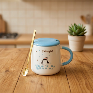 Ensemble de tasses de la série Penguin, tasse à thé avec cuillère, design pingouin mignon, ensemble de tasses à café originales, tasse avec couvercle et cuillère - Product Image 2